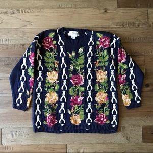 VINTAGE Handknit Floral Cottagecore sweater navy small oversized